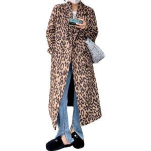 imagechouyatou Womens Winter Double Breasted Leopard Wool Coat Business Casual Midi Long Winter Trench CoatYellow