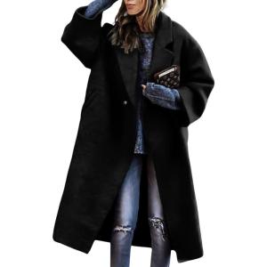 imagechouyatou Womens Winter Double Breasted Midi Long Wool Coat Notch Lapel Dressy Casual Winter Trench CoatBlack