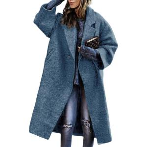 imagechouyatou Womens Winter Double Breasted Midi Long Wool Coat Notch Lapel Dressy Casual Winter Trench CoatBlue