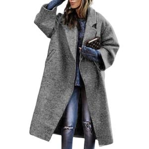 imagechouyatou Womens Winter Double Breasted Midi Long Wool Coat Notch Lapel Dressy Casual Winter Trench CoatGrey