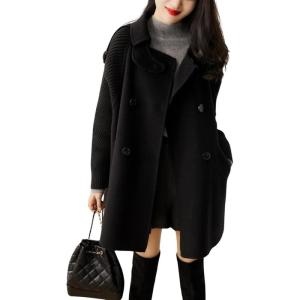 imagechouyatou Womens Winter Double Breasted Wool Coat Long Knitted Sleeve Mid Long Pea CoatBlack