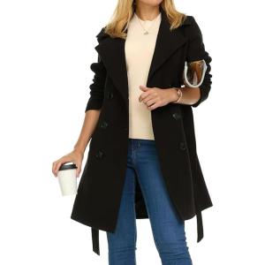 imagechouyatou Womens Winter Double Breasted Wool Coat Notch Collared Wool Blend Trench Pea Coat with BeltBlack