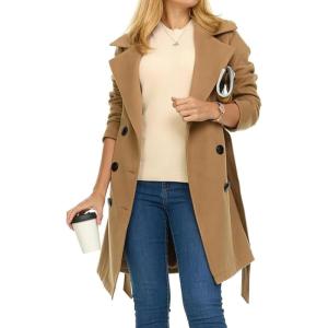 imagechouyatou Womens Winter Double Breasted Wool Coat Notch Collared Wool Blend Trench Pea Coat with BeltCamel