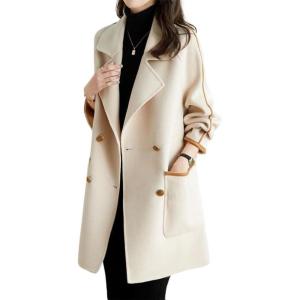 imagechouyatou Womens Winter Elegant Notch Lapel Wool Coat Double Breasted Wool Blend Trench Pea CoatBeige