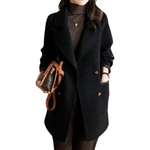 imagechouyatou Womens Winter Elegant Notch Lapel Wool Coat Double Breasted Wool Blend Trench Pea CoatBlack