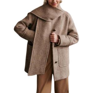 imagechouyatou Womens Winter Herringbone Wool Coat Button Down Woolen Trench Pea Coat with ScarfBrown
