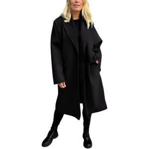 imagechouyatou Womens Winter Lapel Single Breasted Office Work Wool Blend Long Trench Pea Coat OvercoatBlack