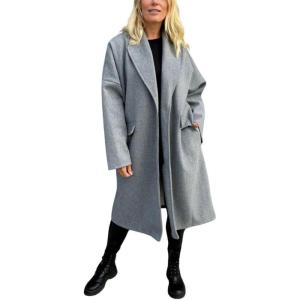 imagechouyatou Womens Winter Lapel Single Breasted Office Work Wool Blend Long Trench Pea Coat OvercoatGray