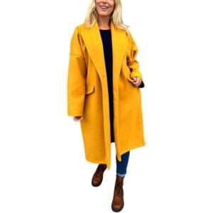 imagechouyatou Womens Winter Lapel Single Breasted Office Work Wool Blend Long Trench Pea Coat OvercoatYellow