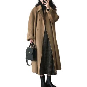 imagechouyatou Womens Winter Mid Long Wool Coat Double Breasted Business Casual Dressy Trench Coat OvercoatCamel