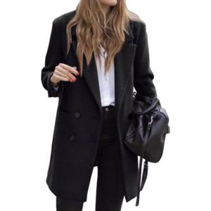 imagechouyatou Womens Winter Notch Lapel Wool Pea Coat Business Casual Double Breasted Wool Coat OvercoatBlack