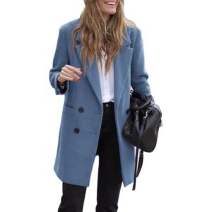 imagechouyatou Womens Winter Notch Lapel Wool Pea Coat Business Casual Double Breasted Wool Coat OvercoatBlue