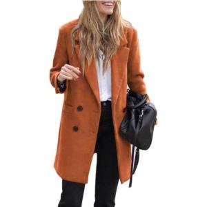imagechouyatou Womens Winter Notch Lapel Wool Pea Coat Business Casual Double Breasted Wool Coat OvercoatOrange