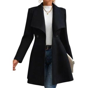 imagechouyatou Womens Winter Shawl Collar Wool Coat Button Down Work Office Midi Wool Pea CoatBlack
