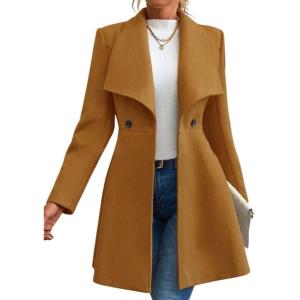 imagechouyatou Womens Winter Shawl Collar Wool Coat Button Down Work Office Midi Wool Pea CoatCamel
