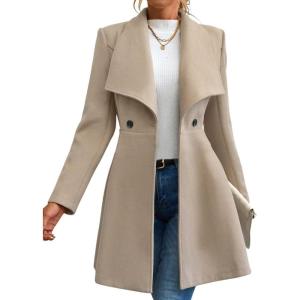 imagechouyatou Womens Winter Shawl Collar Wool Coat Button Down Work Office Midi Wool Pea CoatKhaki