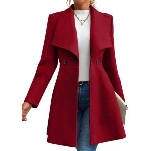 imagechouyatou Womens Winter Shawl Collar Wool Coat Button Down Work Office Midi Wool Pea CoatRed