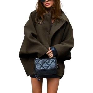 imagechouyatou Womens Winter Sing Breasted Wool Jacket Batwing Sleeve Business Casual Wool Pea CoatArmy Green