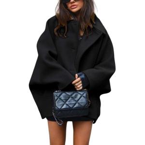 imagechouyatou Womens Winter Sing Breasted Wool Jacket Batwing Sleeve Business Casual Wool Pea CoatBlack