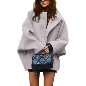 imagechouyatou Womens Winter Sing Breasted Wool Jacket Batwing Sleeve Business Casual Wool Pea CoatGrey