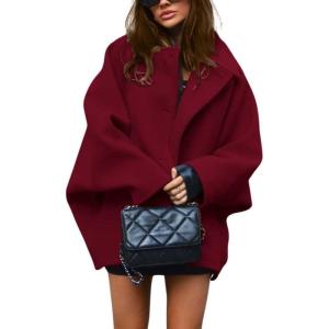 imagechouyatou Womens Winter Sing Breasted Wool Jacket Batwing Sleeve Business Casual Wool Pea CoatWine Red