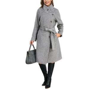 imagechouyatou Womens Winter Single Breasted Wool Pea Coat Thicken Notch Lapel Collar Long Trench Coat OvercoatGrey