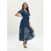 imageWomens Bohemia Side Split V Neck Ruffles Short Sleeves Maxi Dress with BeltLake Blue