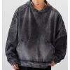 imagechouyatou Mens Vintage Denim Pullover Hoodie Jacket Distressed Hooded Oversized Jean Jacket Sweatshirt TopsBlack