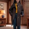imagechouyatou Womens Dressy Loose Wool Blend Trench Coat Stand Collar Mid Long Coat Single Breasted OvercoatBrown