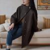 imagechouyatou Womens Dressy Loose Wool Blend Trench Coat Stand Collar Mid Long Coat Single Breasted OvercoatBrown