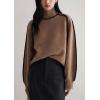 imagechouyatou Womens Fall Turtleneck Sweater Contrast Ribbed Knit Jumper Pullover Tops Casual Loose KnitwearBrown