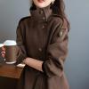 imagechouyatou Womens Fall Winter Wool Trench Coat Stand Collar Button Down Blazer Jacket Coat with BeltBrown