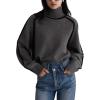 imagechouyatou Womens Fall Turtleneck Sweater Contrast Ribbed Knit Jumper Pullover Tops Casual Loose KnitwearDark Grey