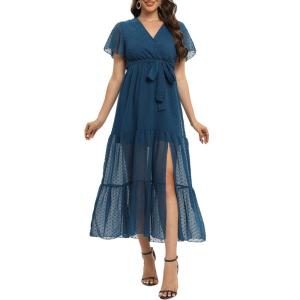 imageWomens Bohemia Side Split V Neck Ruffles Short Sleeves Maxi Dress with BeltLake Blue