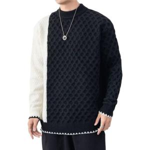imagechouyatou Mens Casual Crewneck Long Sleeve Color Block Cable Knit Sweater Pullover TopBlack