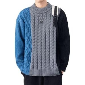 imagechouyatou Mens Casual Crewneck Long Sleeve Color Block Cable Knit Sweater Pullover TopBlue