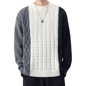 imagechouyatou Mens Casual Crewneck Long Sleeve Color Block Cable Knit Sweater Pullover TopGray