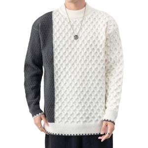 imagechouyatou Mens Casual Crewneck Long Sleeve Color Block Cable Knit Sweater Pullover TopWhite