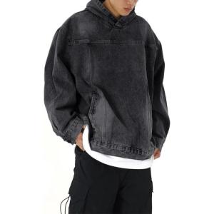 imagechouyatou Mens Casual Pullover Denim Jacket Vintage Distressed Jean Hoodie Jacket Oversized Sweatshirt TopsBlack