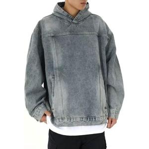 imagechouyatou Mens Casual Pullover Denim Jacket Vintage Distressed Jean Hoodie Jacket Oversized Sweatshirt TopsBlue