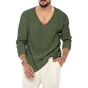 imagechouyatou Mens Essential VNeck Long Sleeve Knitted Pullover Sweater TopsArmy Green
