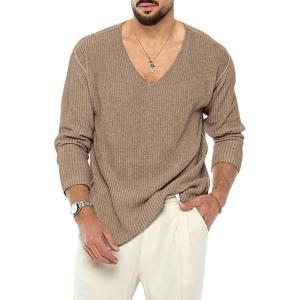 imagechouyatou Mens Essential VNeck Long Sleeve Knitted Pullover Sweater TopsKhaki