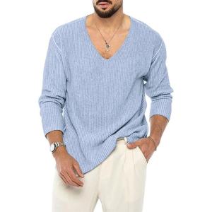 imagechouyatou Mens Essential VNeck Long Sleeve Knitted Pullover Sweater TopsLight Blue