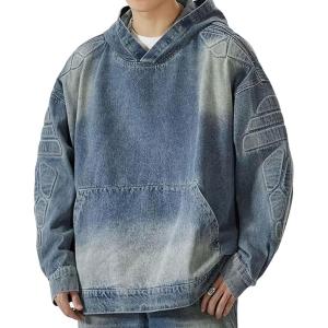 imagechouyatou Mens Vintage Denim Pullover Hoodie Jacket Distressed Hooded Oversized Jean Jacket Sweatshirt TopsBlue