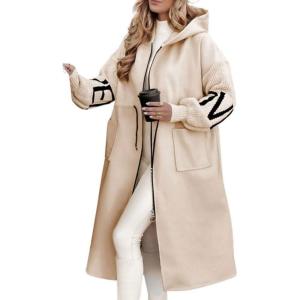 imagechouyatou Womens Casual Knitted Sleeve Wool Trench Coat Zip Up Hooded Wool Blend Overcoat with PocketsApricot