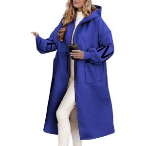 imagechouyatou Womens Casual Knitted Sleeve Wool Trench Coat Zip Up Hooded Wool Blend Overcoat with PocketsBlue