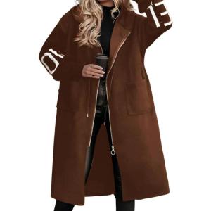 imagechouyatou Womens Casual Knitted Sleeve Wool Trench Coat Zip Up Hooded Wool Blend Overcoat with PocketsBrown