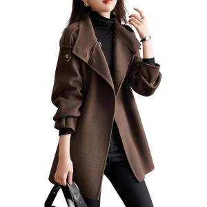 imagechouyatou Womens Fall Winter Wool Trench Coat Stand Collar Button Down Blazer Jacket Coat with BeltBrown