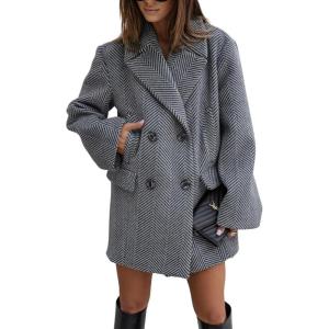 imagechouyatou Womens Thick Double Breasted Herringbone Wool Coat Striped Office Work Winter Pea CoatBlack Grey
