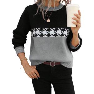 imagechouyatou Womens Vintage Color Block Long Sleeve Pullover Sweater Houndstooth Printed Crewneck Jumper TopsDark Gray